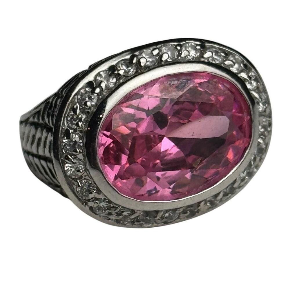 Silver Tone Ring Pink Tourmaline Oval Gemstone Halo Rhinestone Glam Cocktail